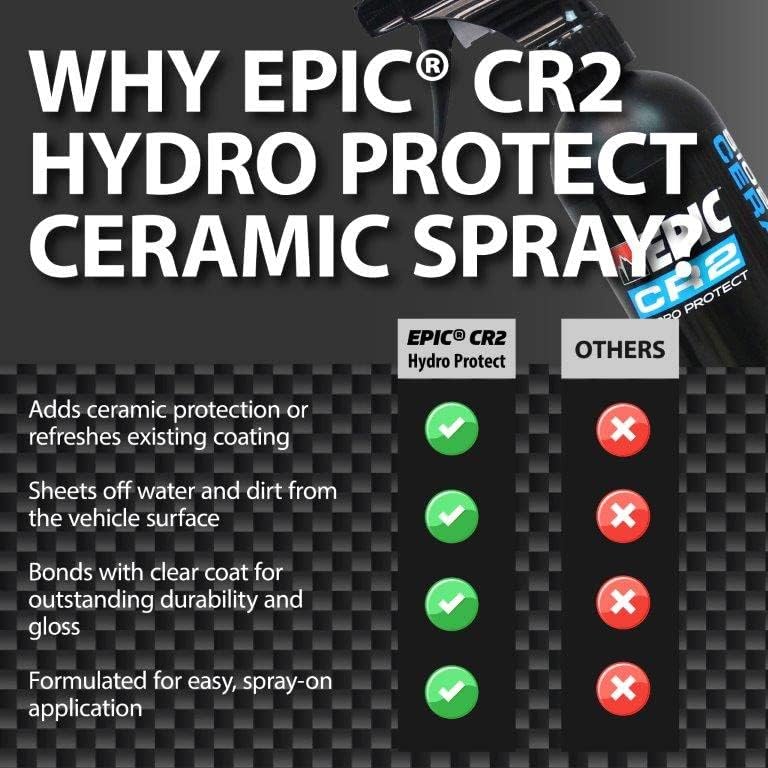Malco EPIC CR2 Hydro Protect Spray de cerámica – Rejuvenece y protege los acabados exteriores del vehículo/Brillo, protege y embellece tu vehículo/brillo hidrofóbico profundo en todo tipo de