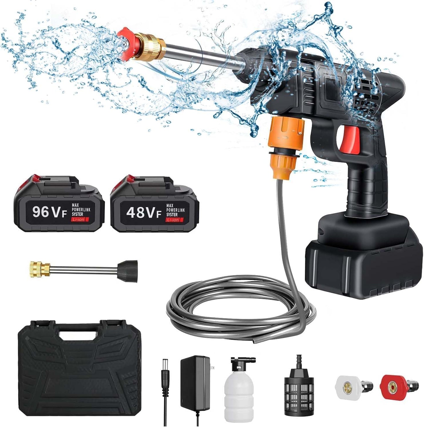96V Hidrolavadora Inalambrica(2 Batería),Hidrolavadora Portatil con Manguera 5m, 2 Boquilla y Cañón de Espuma,Lavadora a Presión Portátil,Alcance de 6-8 Metros,Lavar Coches,Pisos,Riego de Jardín