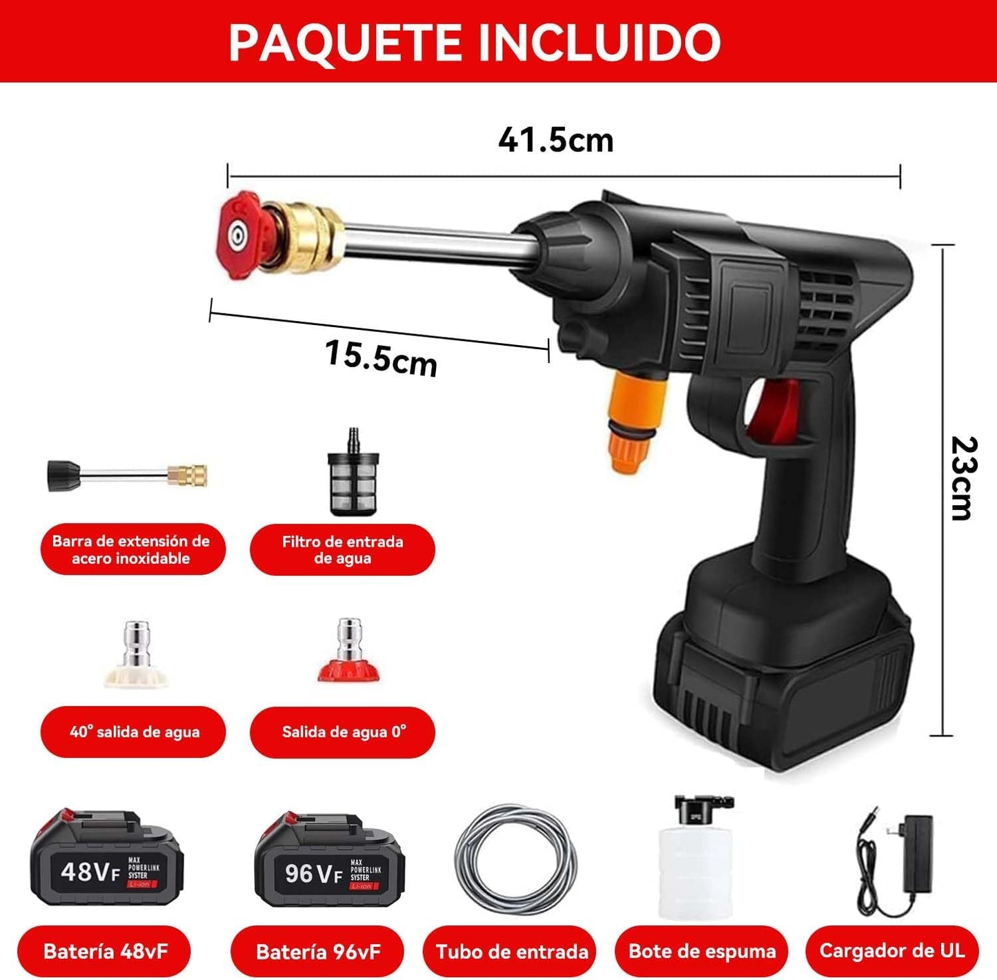96V Hidrolavadora Inalambrica(2 Batería),Hidrolavadora Portatil con Manguera 5m, 2 Boquilla y Cañón de Espuma,Lavadora a Presión Portátil,Alcance de 6-8 Metros,Lavar Coches,Pisos,Riego de Jardín